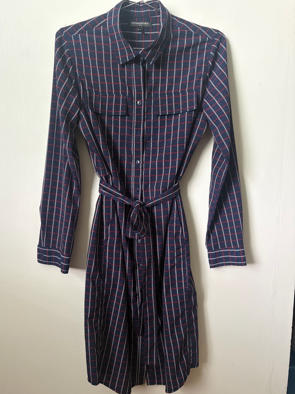 Banana Republic Navy Plaid Long Sleeve Shirt Dress with Tie